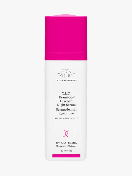 Drunk Elephant T.L.C. Framboos Glycolic Resurfacing Night Serum in branded component on a light gray background